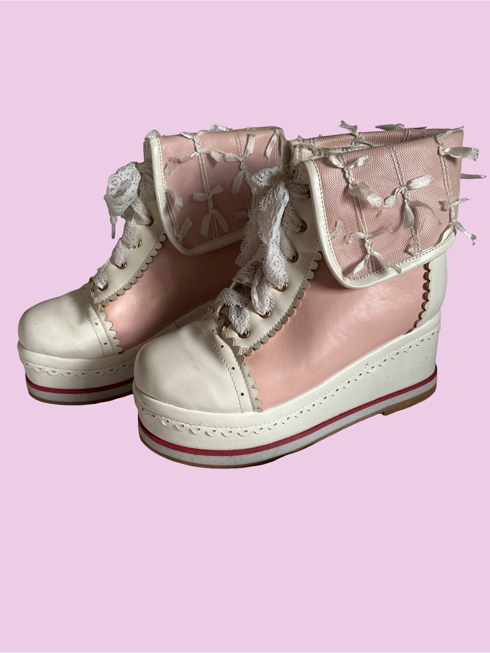Pink fairy kei platform boots 🎀 lace cuff, lolita style